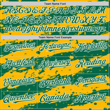 Laden Sie das Bild in den Galerie-Viewer, Custom Gold Kelly Green-White Splash 3D Pattern Design Bomber Full-Snap Varsity Letterman Hoodie Jacket