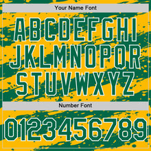 Laden Sie das Bild in den Galerie-Viewer, Custom Gold Kelly Green-White Splash 3D Pattern Design Bomber Full-Snap Varsity Letterman Hoodie Jacket