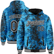 Load image into Gallery viewer, Custom Blue Black-White 3D Pattern Design Bomber Full-Snap Varsity Letterman Hoodie Jacket
