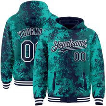 Load image into Gallery viewer, Custom Teal Navy-White 3D Pattern Design Bomber Full-Snap Varsity Letterman Hoodie Jacket