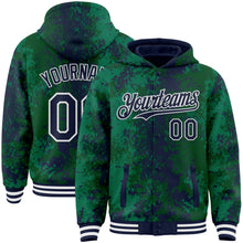 Load image into Gallery viewer, Custom Green Navy-White 3D Pattern Design Bomber Full-Snap Varsity Letterman Hoodie Jacket