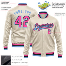 Load image into Gallery viewer, Custom Cream Pink Light Blue-Black Bomber Full-Snap Varsity Faux Leather Letterman Jacket