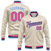 Load image into Gallery viewer, Custom Cream Pink Light Blue-Black Bomber Full-Snap Varsity Faux Leather Letterman Jacket