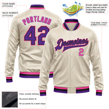 Load image into Gallery viewer, Custom Cream Purple Pink-Black Bomber Full-Snap Varsity Faux Leather Letterman Jacket