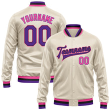 Load image into Gallery viewer, Custom Cream Purple Pink-Black Bomber Full-Snap Varsity Faux Leather Letterman Jacket