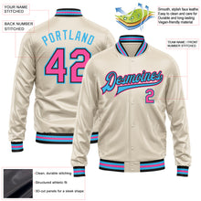 Load image into Gallery viewer, Custom Cream Pink Sky Blue-Black Bomber Full-Snap Varsity Faux Leather Letterman Jacket