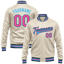 Load image into Gallery viewer, Custom Cream Pink Sky Blue-Black Bomber Full-Snap Varsity Faux Leather Letterman Jacket