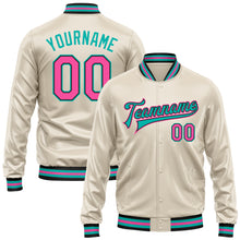 Load image into Gallery viewer, Custom Cream Pink Aqua-Black Bomber Full-Snap Varsity Faux Leather Letterman Jacket