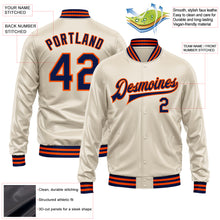 Load image into Gallery viewer, Custom Cream Navy-Orange Bomber Full-Snap Varsity Faux Leather Letterman Jacket