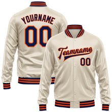 Load image into Gallery viewer, Custom Cream Navy-Orange Bomber Full-Snap Varsity Faux Leather Letterman Jacket