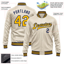 Load image into Gallery viewer, Custom Cream Gold-Navy Bomber Full-Snap Varsity Faux Leather Letterman Jacket