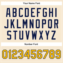 Load image into Gallery viewer, Custom Cream Gold-Navy Bomber Full-Snap Varsity Faux Leather Letterman Jacket