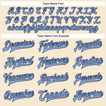 Load image into Gallery viewer, Custom Cream Light Blue-Navy Bomber Full-Snap Varsity Faux Leather Letterman Jacket