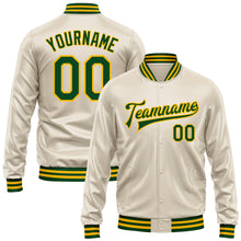 Load image into Gallery viewer, Custom Cream Green-Gold Bomber Full-Snap Varsity Faux Leather Letterman Jacket