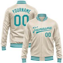 Load image into Gallery viewer, Custom Cream Teal Bomber Full-Snap Varsity Faux Leather Letterman Jacket
