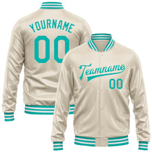 Load image into Gallery viewer, Custom Cream Aqua Bomber Full-Snap Varsity Faux Leather Letterman Jacket