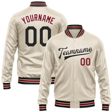Load image into Gallery viewer, Custom Cream Black-Crimson Bomber Full-Snap Varsity Faux Leather Letterman Jacket