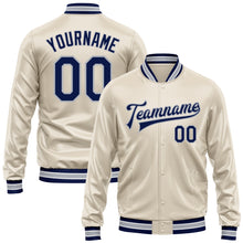 Load image into Gallery viewer, Custom Cream Navy-Gray Bomber Full-Snap Varsity Faux Leather Letterman Jacket