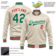 Load image into Gallery viewer, Custom Cream Kelly Green-Red Bomber Full-Snap Varsity Faux Leather Letterman Jacket