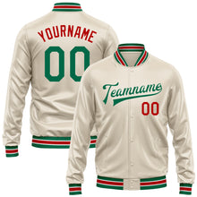 Load image into Gallery viewer, Custom Cream Kelly Green-Red Bomber Full-Snap Varsity Faux Leather Letterman Jacket