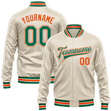 Load image into Gallery viewer, Custom Cream Kelly Green-Orange Bomber Full-Snap Varsity Faux Leather Letterman Jacket