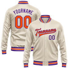 Load image into Gallery viewer, Custom Cream Orange-Purple Bomber Full-Snap Varsity Faux Leather Letterman Jacket