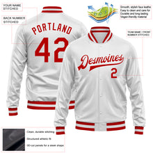 Load image into Gallery viewer, Custom White Red Bomber Full-Snap Varsity Faux Leather Letterman Jacket