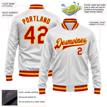 Load image into Gallery viewer, Custom White Red-Gold Bomber Full-Snap Varsity Faux Leather Letterman Jacket