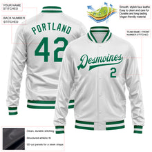 Laden Sie das Bild in den Galerie-Viewer, Custom White Kelly Green Bomber Full-Snap Varsity Faux Leather Letterman Jacket