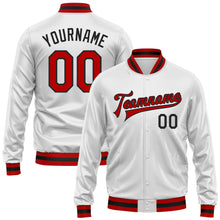 Load image into Gallery viewer, Custom White Red-Black Bomber Full-Snap Varsity Faux Leather Letterman Jacket