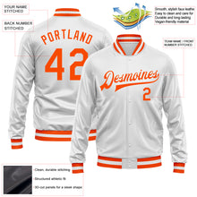 Laden Sie das Bild in den Galerie-Viewer, Custom White Orange Bomber Full-Snap Varsity Faux Leather Letterman Jacket