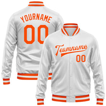 Laden Sie das Bild in den Galerie-Viewer, Custom White Orange Bomber Full-Snap Varsity Faux Leather Letterman Jacket