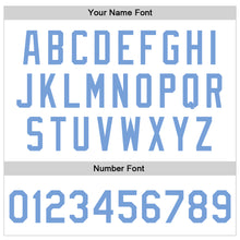 Laden Sie das Bild in den Galerie-Viewer, Custom White Light Blue Bomber Full-Snap Varsity Faux Leather Letterman Jacket