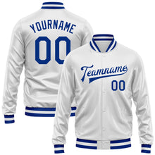 Load image into Gallery viewer, Custom White Royal Bomber Full-Snap Varsity Faux Leather Letterman Jacket