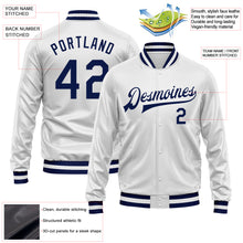 Load image into Gallery viewer, Custom White Navy Bomber Full-Snap Varsity Faux Leather Letterman Jacket