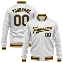 Load image into Gallery viewer, Custom White Black-Old Gold Bomber Full-Snap Varsity Faux Leather Letterman Jacket