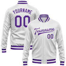 Laden Sie das Bild in den Galerie-Viewer, Custom White Purple Bomber Full-Snap Varsity Faux Leather Letterman Jacket
