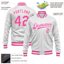 Laden Sie das Bild in den Galerie-Viewer, Custom White Pink Bomber Full-Snap Varsity Faux Leather Letterman Jacket