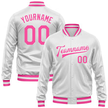 Laden Sie das Bild in den Galerie-Viewer, Custom White Pink Bomber Full-Snap Varsity Faux Leather Letterman Jacket