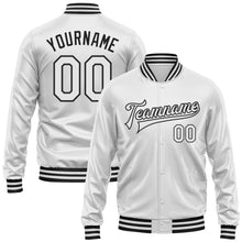 Laden Sie das Bild in den Galerie-Viewer, Custom White White-Black Bomber Full-Snap Varsity Faux Leather Letterman Jacket