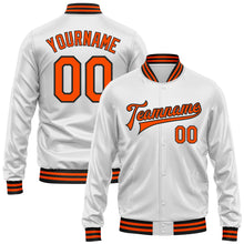Laden Sie das Bild in den Galerie-Viewer, Custom White Orange-Black Bomber Full-Snap Varsity Faux Leather Letterman Jacket