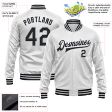 Laden Sie das Bild in den Galerie-Viewer, Custom White Black-Gray Bomber Full-Snap Varsity Faux Leather Letterman Jacket