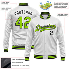Laden Sie das Bild in den Galerie-Viewer, Custom White Neon Green-Black Bomber Full-Snap Varsity Faux Leather Letterman Jacket
