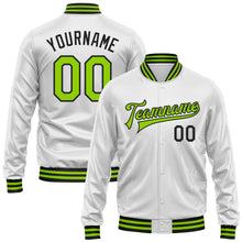 Laden Sie das Bild in den Galerie-Viewer, Custom White Neon Green-Black Bomber Full-Snap Varsity Faux Leather Letterman Jacket