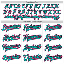 Laden Sie das Bild in den Galerie-Viewer, Custom White Pink Aqua-Black Bomber Full-Snap Varsity Faux Leather Letterman Jacket