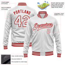 Laden Sie das Bild in den Galerie-Viewer, Custom White White-Red Bomber Full-Snap Varsity Faux Leather Letterman Jacket