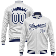 Laden Sie das Bild in den Galerie-Viewer, Custom White White-Navy Bomber Full-Snap Varsity Faux Leather Letterman Jacket