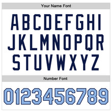 Laden Sie das Bild in den Galerie-Viewer, Custom White Light Blue-Navy Bomber Full-Snap Varsity Faux Leather Letterman Jacket