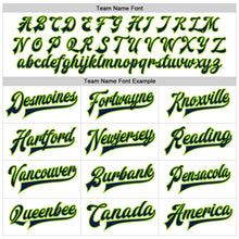 Laden Sie das Bild in den Galerie-Viewer, Custom White Navy-Neon Green Bomber Full-Snap Varsity Faux Leather Letterman Jacket