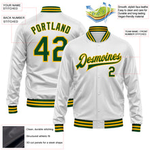 Laden Sie das Bild in den Galerie-Viewer, Custom White Green-Gold Bomber Full-Snap Varsity Faux Leather Letterman Jacket